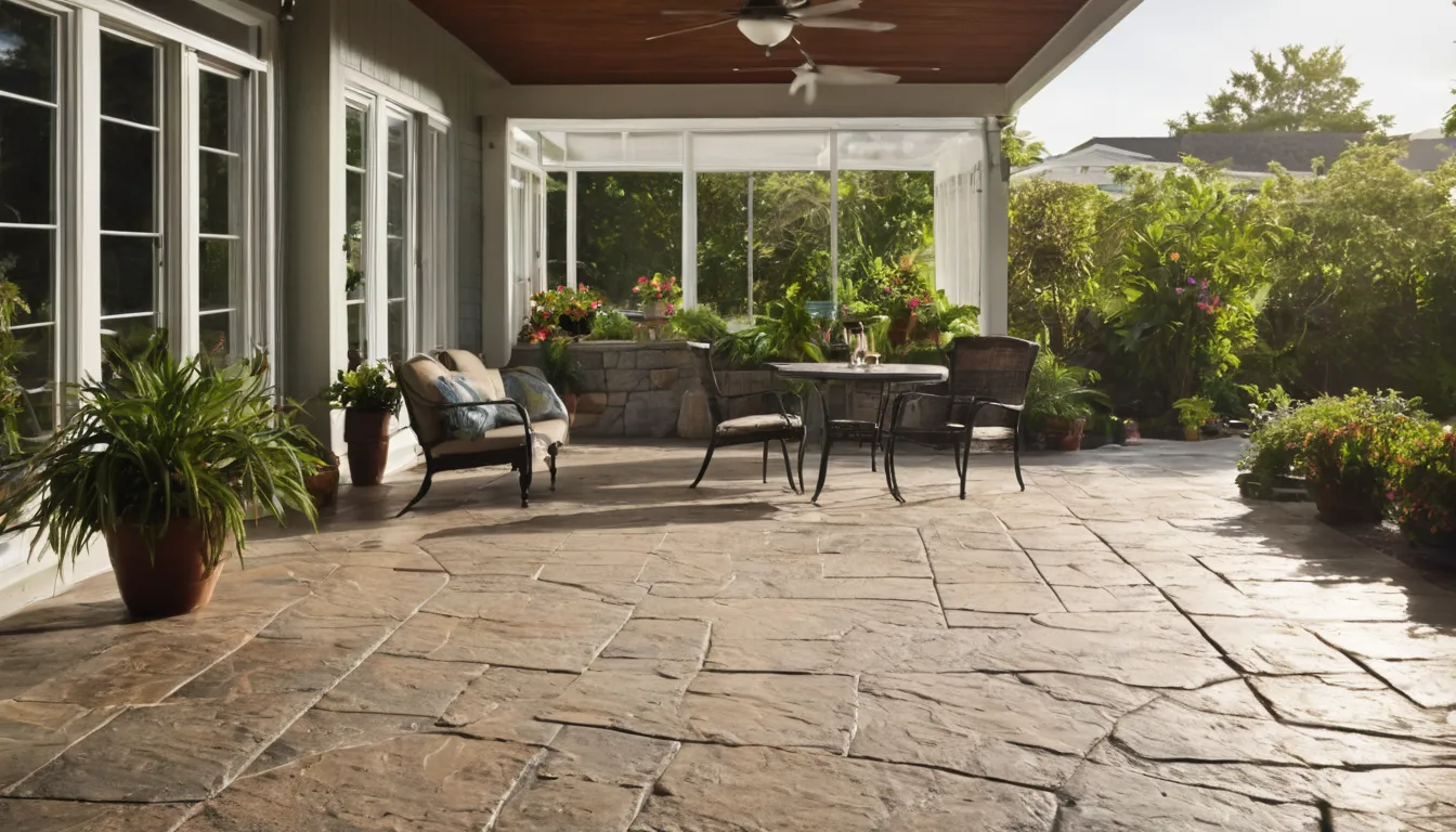 Stamped concrete patio beside a bungalow in Saratoga