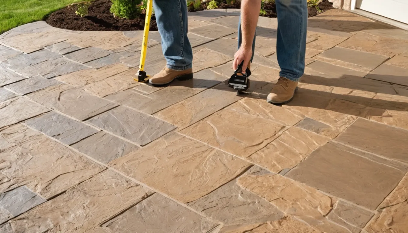 Newly finished stamped concrete patio with a stone pattern behind a stucco home in Saratoga